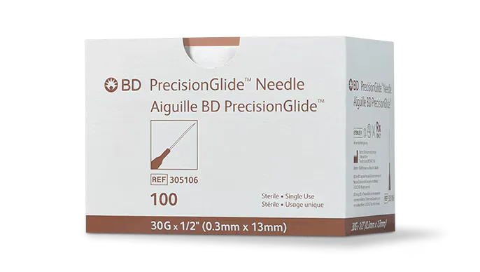 BD PrecisionGlide Needle — 30G × 1/2 in, 100 per box